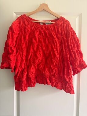 Red Textured Ruffle-Hem Women's Blouse